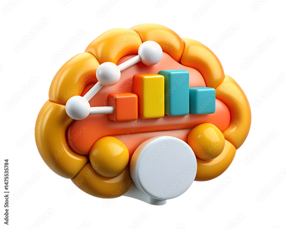 Poster colorful and stylized 3d rendering of a cloud-shaped icon featuring a bar graph and data visualizati