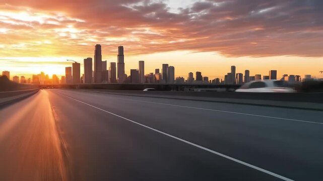 Futuristic silver sports car driving towards a city skyline at sunset on a highway, vibrant sky with dramatic clouds