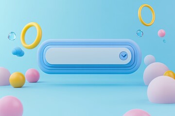 Fototapeta premium A light-blue search bar, surrounded by pastel-colored shapes, floats on a light-blue background