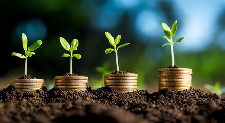 This image portrays the growth of plants from piles of coins, symbolizing the connection between nature, finance, and sustainable growth, highlighting the importance of green inves