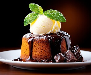 A delectable dessert featuring a warm chocolate cake topped with creamy vanilla ice cream and drizzled with rich chocolate sauce, garnished with fresh mint leaves for a delightful