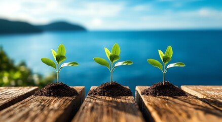 Three small green plants growing in rich soil on a wooden surface, against a serene blue background. A symbol of growth and nature's beauty, perfect for eco-friendly themes.