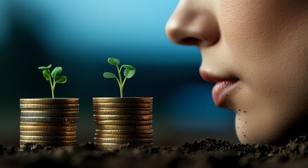 A close-up of a person's face in profile, observing small green plants growing from stacks of coins, symbolizing the connection between nature and financial growth.