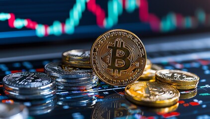 Close-up of various cryptocurrencies including Bitcoin on a stock market background, highlighting the dynamic nature of financial trading and digital currency investments.