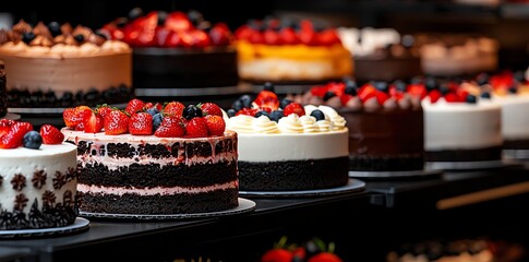 A tempting selection of beautifully decorated cakes, showcasing vibrant fruits and rich textures. Perfect for dessert lovers, this image evokes celebration and indulgence.
