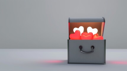 A gift box with glowing red hearts on neutral background with free copy space for text. Love, charity and donation concept