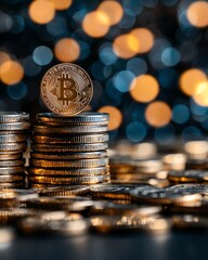 A close-up of stacked Bitcoin coins with a shimmering bokeh background. This image represents the rise of cryptocurrency and the modern finance landscape.