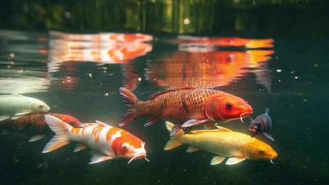Vibrant koi fish gracefully swimming underwater in a calm pond with natural reflections.