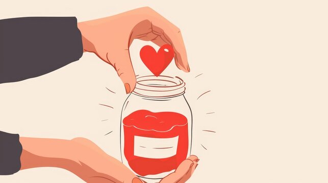 Hands placing heart in jar concept of preserving love and relationship. Charity, donation background