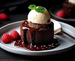 A delicious chocolate dessert featuring a rich molten center, topped with creamy vanilla ice cream and drizzled with luxurious chocolate sauce, garnished with fresh mint and raspbe