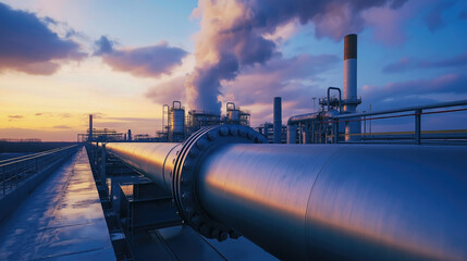 Sunrise over industrial complex with smoke emissions