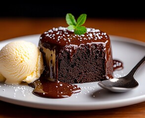 Indulge in a rich chocolate lava cake paired with creamy vanilla ice cream. This decadent dessert is topped with a fresh mint leaf and a sprinkle of powdered sugar.