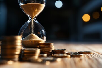 A close-up of an hourglass with sand cascading down next to a stack of coins, symbolizing the relationship between time management and financial success.