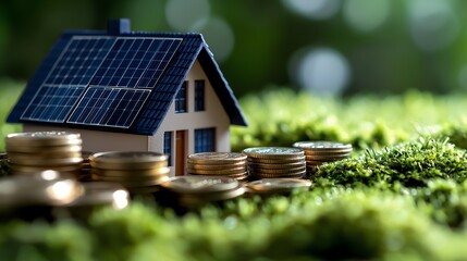 A miniature model of a house with solar panels sits atop a bed of coins, symbolizing sustainable energy solutions and investment in green technology for a better future.