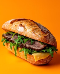 A delicious sandwich showcasing tender beef, fresh arugula, and melted cheese, nestled in a crispy, golden-brown artisan bread, set against a vibrant orange background.