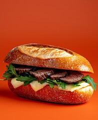 A delicious sandwich showcasing fresh ingredients with thick slices of meat, creamy cheese, and vibrant greens, all nestled in a crusty, golden roll against a warm orange backdrop.