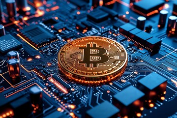 Close-up shot of a Bitcoin on a circuit board, showcasing the fusion of cryptocurrency and technology