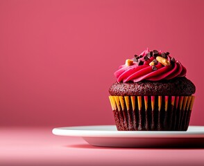 A delicious chocolate cupcake with vibrant pink frosting and colorful sprinkles, elegantly placed on a white plate against a soft pink background. Perfect for dessert lovers.