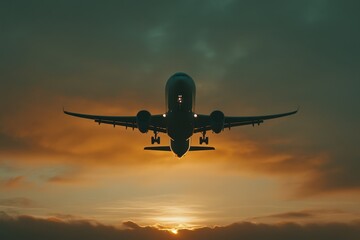 Fototapeta premium Commercial airplane takes off into a vibrant sunset sky over an undefined location, An unbranded commercial airplane flying high in-front of the sun