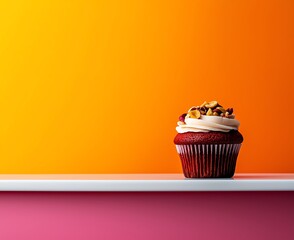 A delicious red velvet cupcake showcasing its rich texture and creamy frosting, elegantly presented against a vibrant orange and pink background, appealing for dessert lovers.