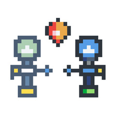 Pixel art robots sharing a bright idea