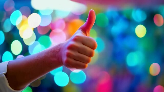 An arm and hand giving a thumbs-up gesture against a festive, abstract, colorful and vibrant bokeh background with soft, diffused light spots and glowing effects.