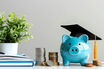 A vibrant blue piggy bank wearing a graduation cap, surrounded by coins and a small plant. Symbolizes saving for education and financial planning for future growth.