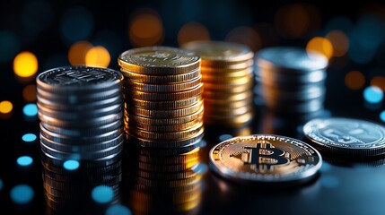 A close-up view of various coins, including cryptocurrency, against a blurred background of vibrant lights, symbolizing modern finance and investment opportunities.