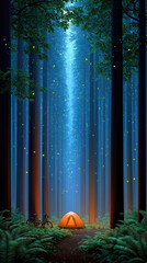 Forest scene with tent and sunlight