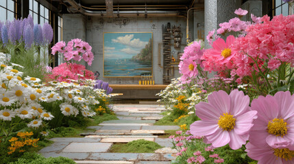 Flower lined walkway to a building