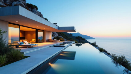 Fototapeta premium Modern villa with infinity pool overlooking serene ocean at sunset near coastal mountains