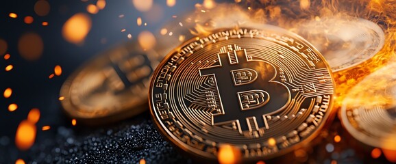 Close-up of shiny Bitcoin coins reflecting light, symbolizing digital currency's rise and impact on finance. Ideal for articles on cryptocurrency and investment trends.