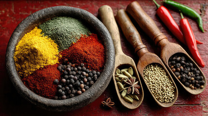 Colorful spice mixture displayed on wooden spoons