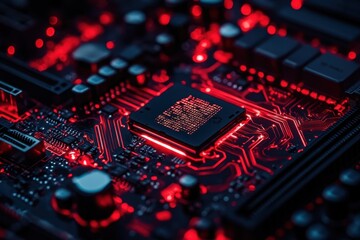Computer code processing displayed on a dark circuit board with red accents and glowing components, computer code processing on black and red background