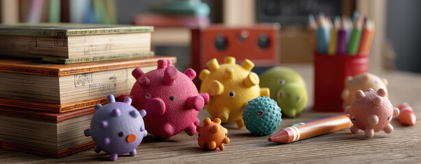 Colorful figurines on light surface