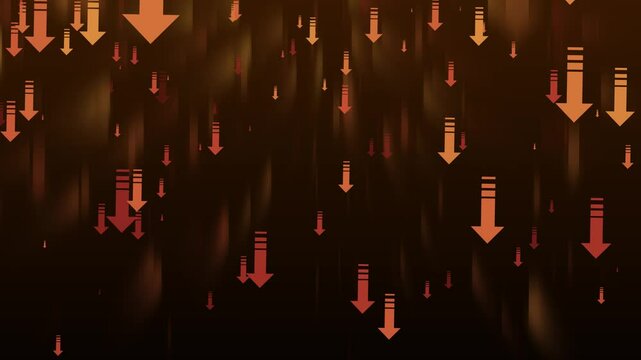 Abstract Downward Arrows Animation on Dark Background, Abstract background with multiple red downward arrows on a dark gradient backdrop