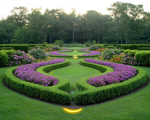 Formal garden design with trimmed hedged and flowers