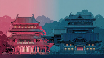 Asian structures against mountain background