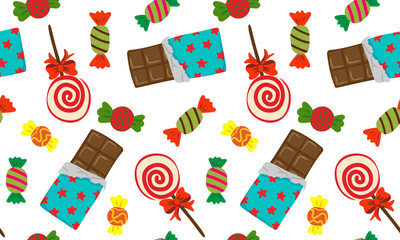 seamless pattern with chocolate bars, swirl lollipops and wrapped candies on white background &ndash; playful retro sweets design for packaging, kids, holiday prints