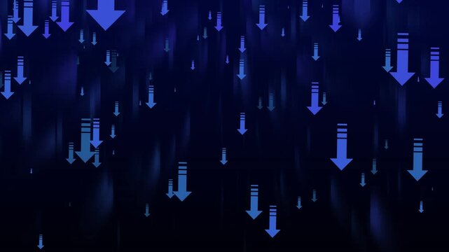 Abstract Downward Arrows Animation on Dark Background, Abstract background with multiple red downward arrows on a dark gradient backdrop