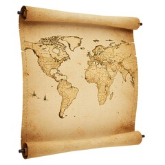 Blank vintage world map scroll mockup, isolated on white background. Antique travel paper design for history, geography, or adventure concepts.