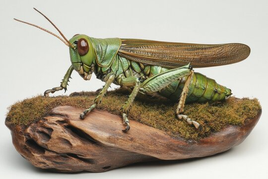 Wartbiter grasshopper perched on a wooden base with moss in a natural setting, Wart-biter grasshopper green cricket