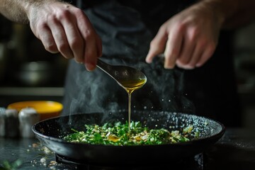 Preparing a healthy salad with fresh greens and olive oil in a cozy kitchen environment, Making a salad with olive oil