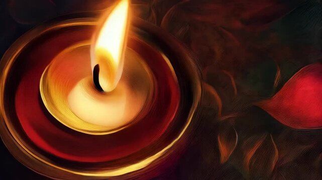 Glowing candlelight in small round bowls, set amidst red floral pattern artwork, casting warm light and creating a serene, peaceful atmosphere.