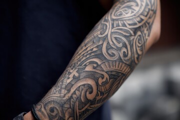Detailed view of a complex arm tattoo design.