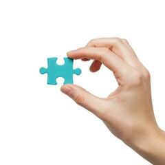 Blank hand holding jigsaw puzzle piece mockup, isolated on white background. Problem-solving and logic design for strategy, teamwork, or mental challenge visuals.