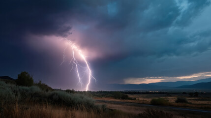 Fototapeta na wymiar Dramatic lightning strike over landscape