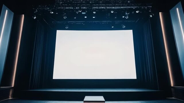 Modern theater stage with illuminated backdrop and minimalist design, featuring steps leading to a clean, bright projection screen for presentations
