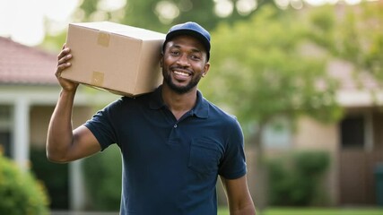 Smiling african american man carrying cardboard box on shoulder. Delivery guy delivering package. Shipping cargo service, moving and relocation concept, courier job.