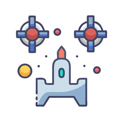 Stylized Spacecraft Surrounded by Targets and Space Debris